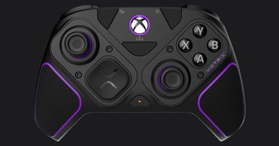 PDP Victrix Pro BFG product image of a black Xbox controller featuring purple trim.