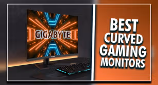 A black monitor with GIGABYTE branding surrounded by orange and blue light on the display next to a white line. On the other side, "BEST CURVED GAMING MONITOR" branding in white.