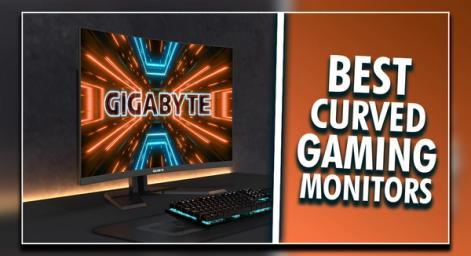 A black monitor with GIGABYTE branding surrounded by orange and blue light on the display next to a white line. On the other side, "BEST CURVED GAMING MONITOR" branding in white.