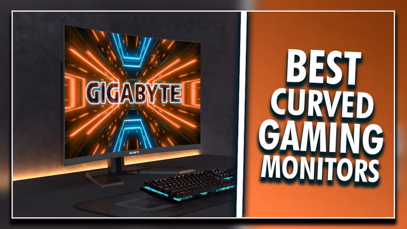 A black monitor with GIGABYTE branding surrounded by orange and blue light on the display next to a white line. On the other side, "BEST CURVED GAMING MONITOR" branding in white.