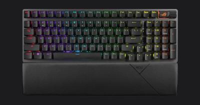 ASUS ROG Strix Scope II 96 RX product image of a black wireless keyboard with RGB lighting behind the keys.