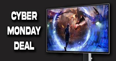 A black Samsung monitor with an image of a dragon on the screen next to "CYBER MONDAY DEAL" branding in white.