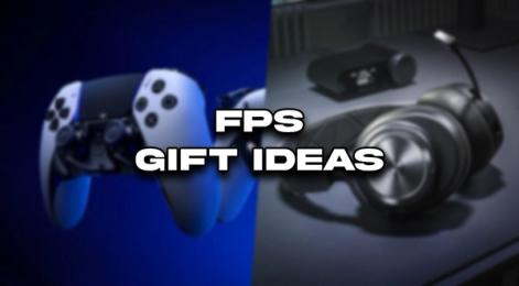 "FPS GIFT IDEAS" branding in white in front of two blurry images, one of a white and black DualSense Edge controller, the other of a black over-ear headset sat on a desk.