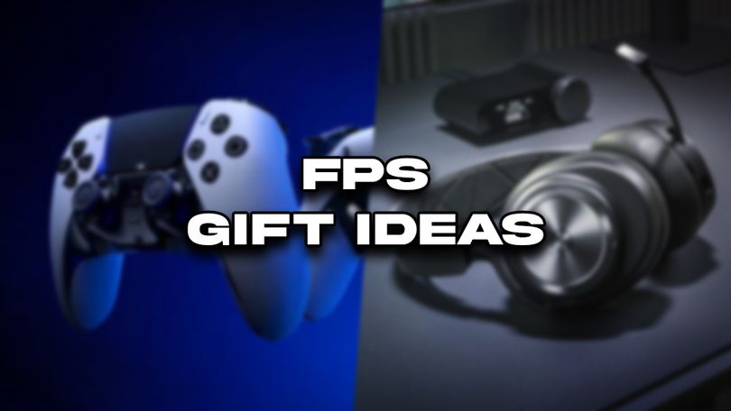 "FPS GIFT IDEAS" branding in white in front of two blurry images, one of a white and black DualSense Edge controller, the other of a black over-ear headset sat on a desk.