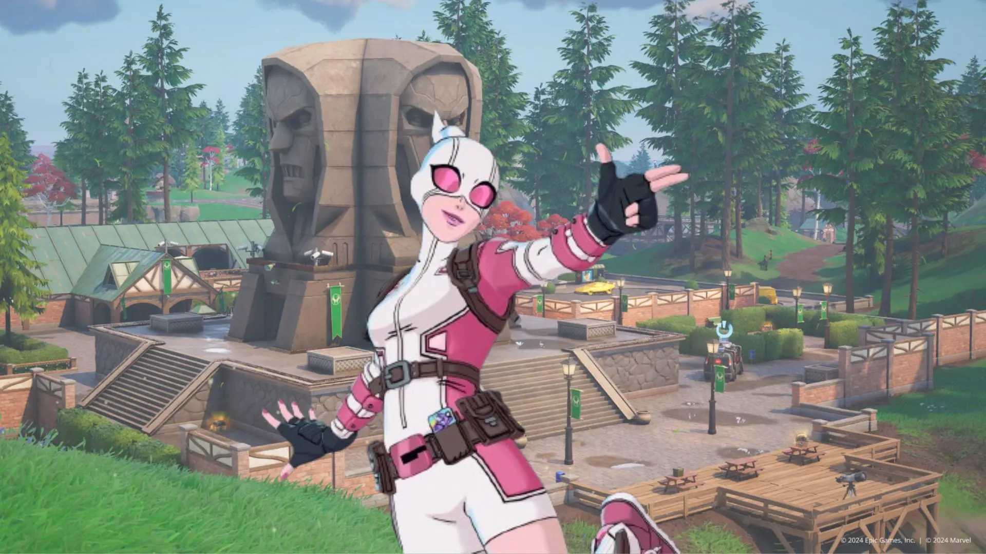 A superhero character wearing a pink and white outfit in Fortnite