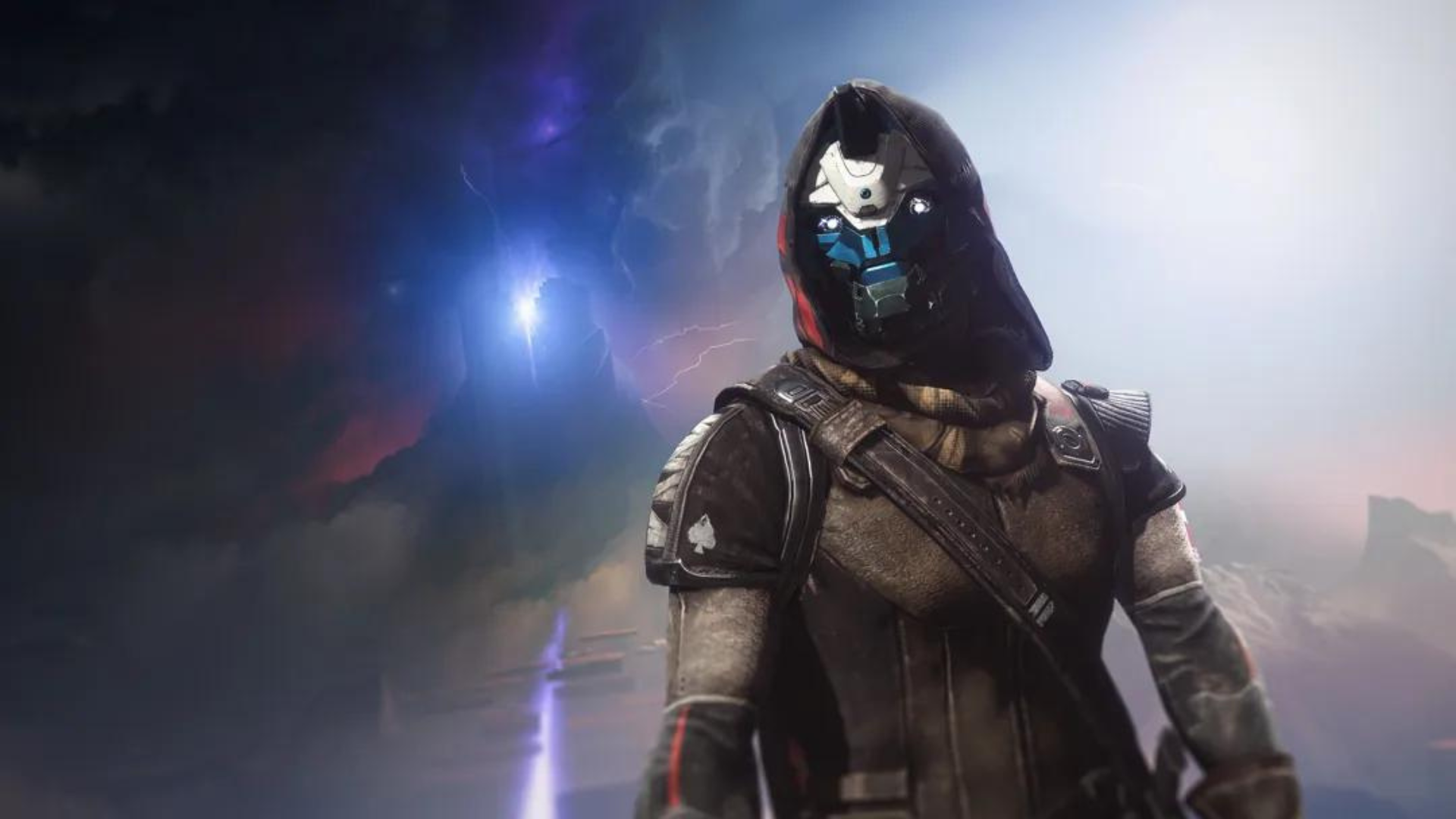 Cayde-6 wearing his hood and a mask looking at someone off-screen