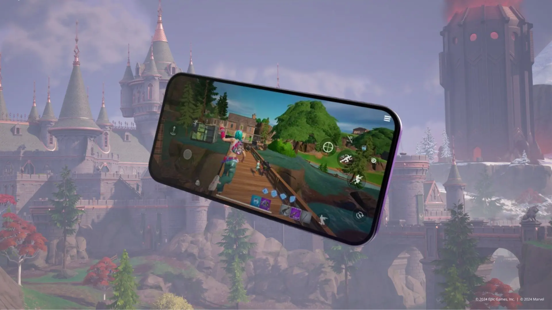 An iPhone displaying Fortnite with Castle Doom as an image background