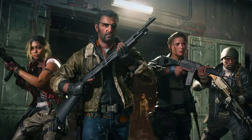 Black Ops 6 zombies characters posing with weapons in front of an open doorway