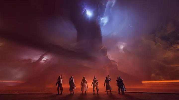 Six futuristic looking soldiers staring at a giant castle shrouded in clouds