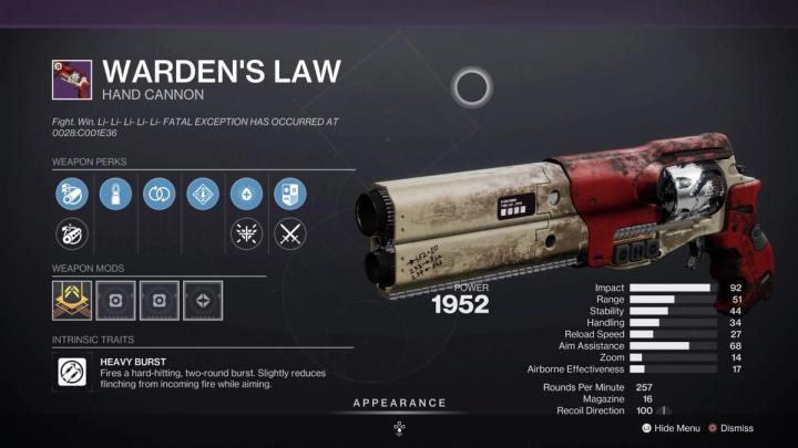 warden's law hand cannon inspection screen in destiny 2