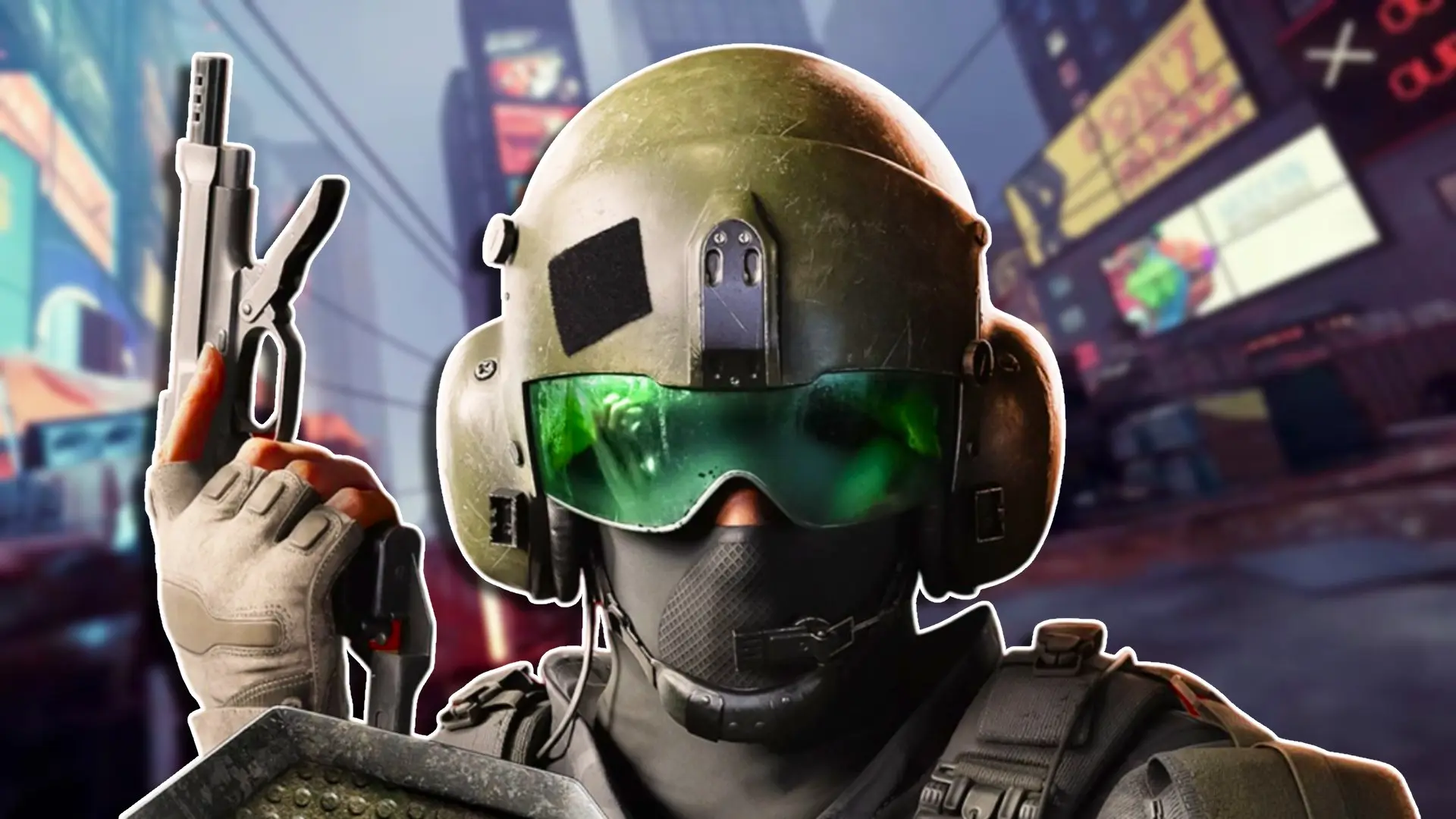 A close up of a GSK9 operator in XDefiant, holding a pistol up and wearing a full helmet with visor.