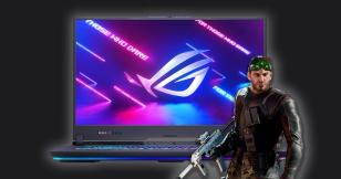 A black laptop featuring blue, purple, and pink lighting with a character from Siege in black holding a weapon and wearing green night vision googles in front of it.