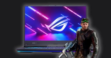 A black laptop featuring blue, purple, and pink lighting with a character from Siege in black holding a weapon and wearing green night vision googles in front of it.