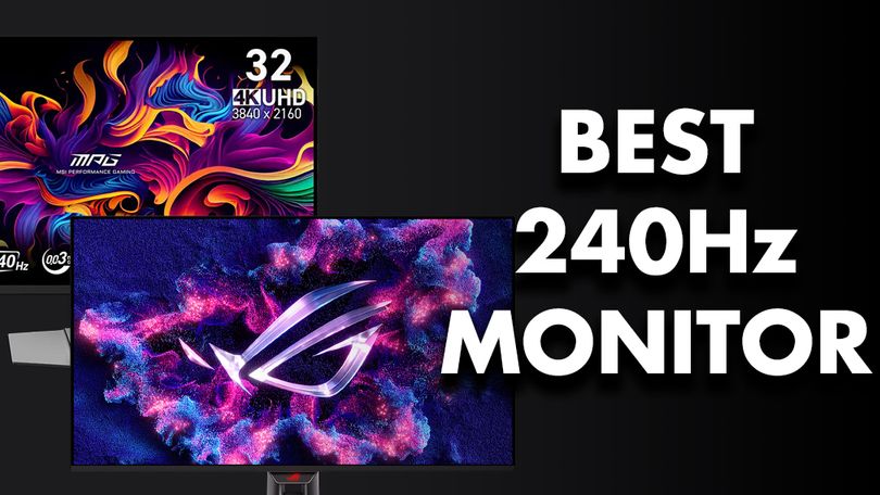 Rwo gaming monitors, both featuring multicolored patterns on their screens, next to white "BEST 240Hz MONITOR" branding.