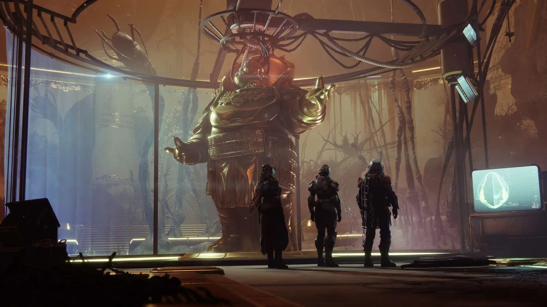 Three futuristic soldiers staring at a giant gold statue 