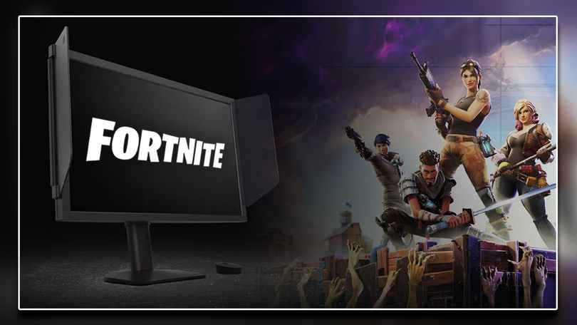 A black BenQ monitor featuring FPS shields on either side. Next to this, Fortnite's cover art featuring four characters from the game.