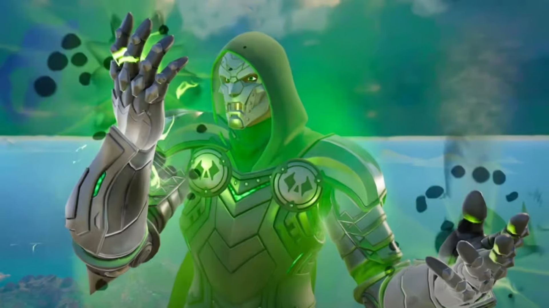 Doctor Doom shrouded in green energy in Fortnite 