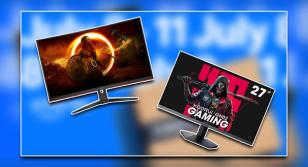 Two black gaming monitors, one with a warrior carrying a shield on the display, the other with a hooded character holding a sword on the display, in front of Prime Day branding that's blurred out.