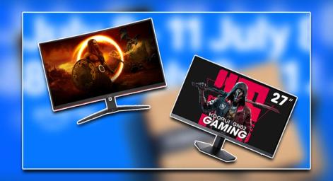 Two black gaming monitors, one with a warrior carrying a shield on the display, the other with a hooded character holding a sword on the display, in front of Prime Day branding that's blurred out.