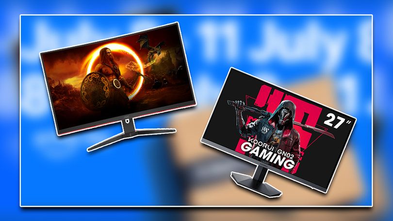 Two black gaming monitors, one with a warrior carrying a shield on the display, the other with a hooded character holding a sword on the display, in front of Prime Day branding that's blurred out.