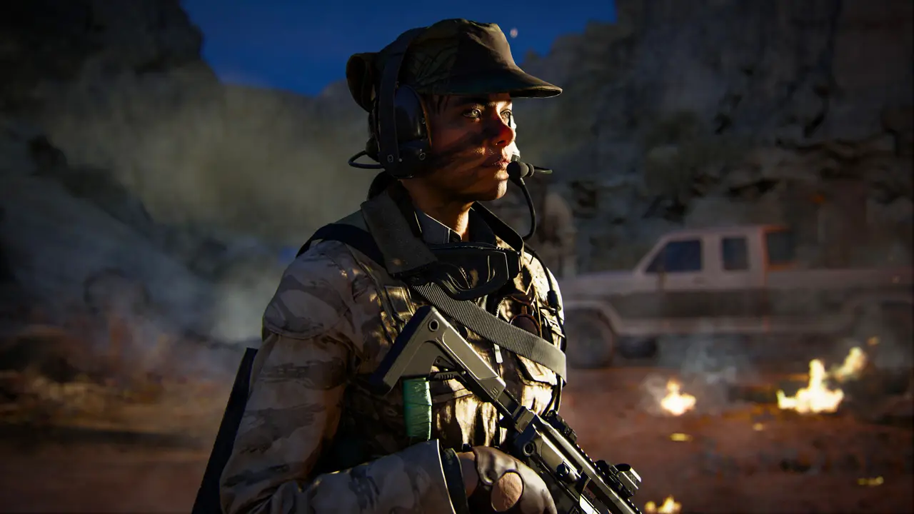 Operator from Black Ops 6 holding an assault rifle with a truck in the background