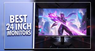 A black gaming monitor with a robot firing a pink lazer on the display. Next to this, "BEST 24 INCH MONITORS" text in white in front of a blue background.