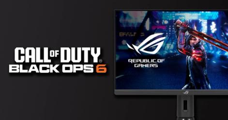 Call of Duty: Black Ops 6 logo in white with the "6" in orange next to a black gaming monitor with a video game character holding a red sword on the display.