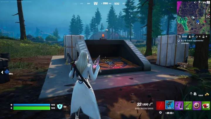 A screenshot of a woman dressed in white staring at an underground bunker entrance in Fortnite