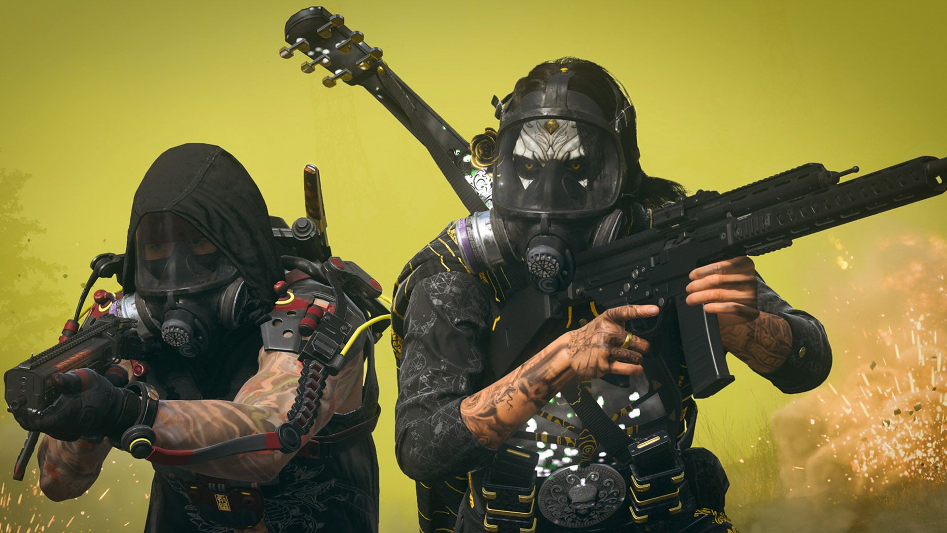 Warzone players wearing gas mask while holding weapons