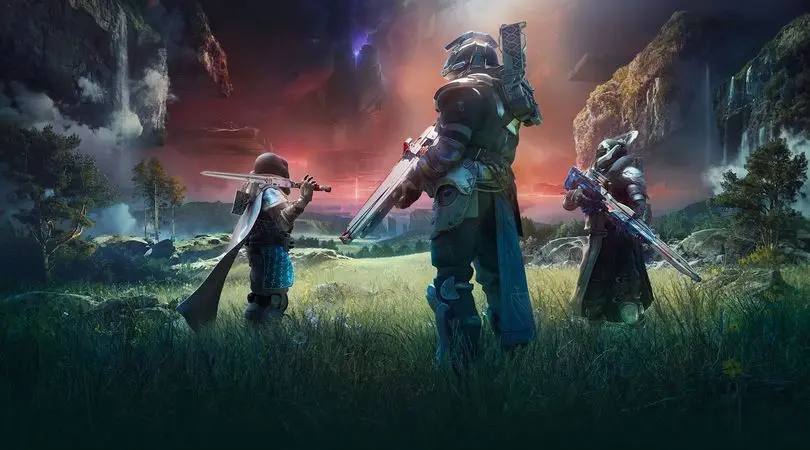 Destiny 2 The Final Shape key art featuring three Guardians exploring The Pale Heart