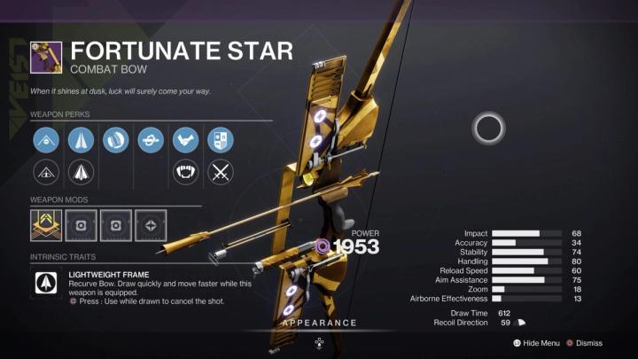 a screenshot of the fortunate star combat bow in destiny 2 inspection screen.