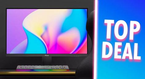 A black monitor with a multicolored pattern on the display on one side of a white line. On the other "TOP DEAL" text in white with a pink glow around it.