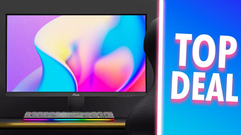 A black monitor with a multicolored pattern on the display on one side of a white line. On the other "TOP DEAL" text in white with a pink glow around it.