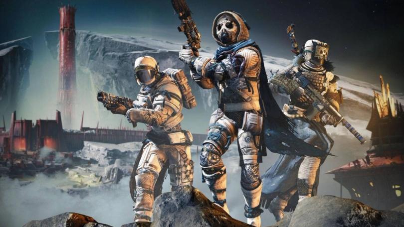 Three Destiny 2 Guardians ready to engage in combat near the Scarlet Keep location