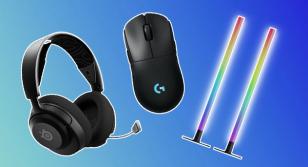 A black headset, a black mouse, and two RGB light sticks in front of a gradient blue background.