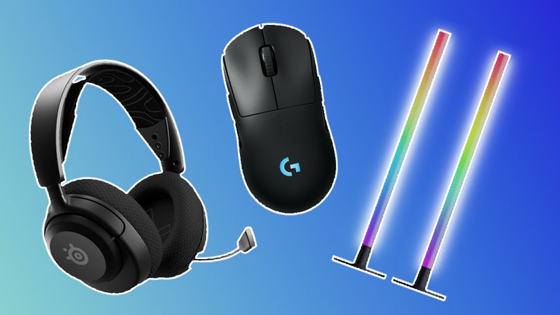 A black headset, a black mouse, and two RGB light sticks in front of a gradient blue background.