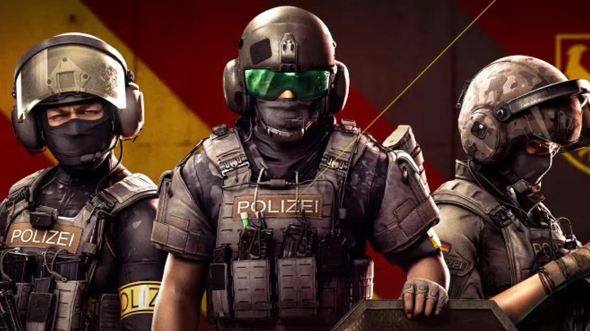 Key art for XDefiant shows three GSK 9 operators wearing heavy armor and helmets standing shoulder to shoulder while holding their various equipment.