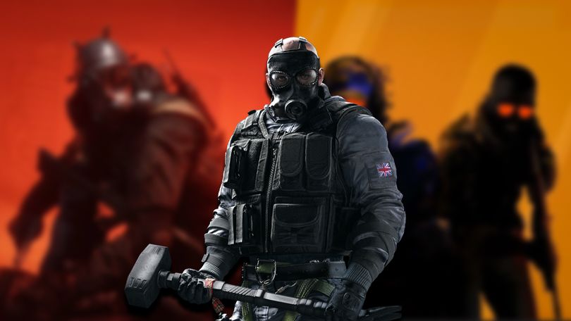 Sledge from Rainbow Six Siege dressed in all black holding a sledgehammer. Behind them, two blurry images, one of a masked character in front of a red background, the other of two armored agents infront of an orange background.