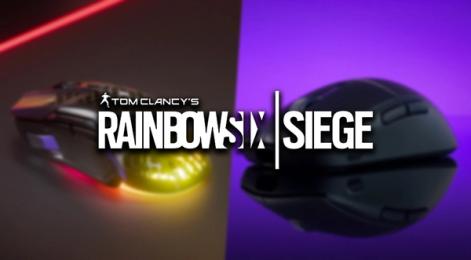 Rainbow Six Siege logo in white in front of two blurry images, both of black gaming mice, but one features yellow and red lighting beneath, while the other is in front of a purple background.