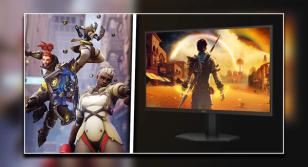 Three Overwatch 2 characters in different colored armor on one side of a white line. On the other, a black monitor with a stylized sunset scene on the display with a character standing in the middle.