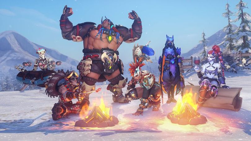 overwatch heroes sitting around campfires