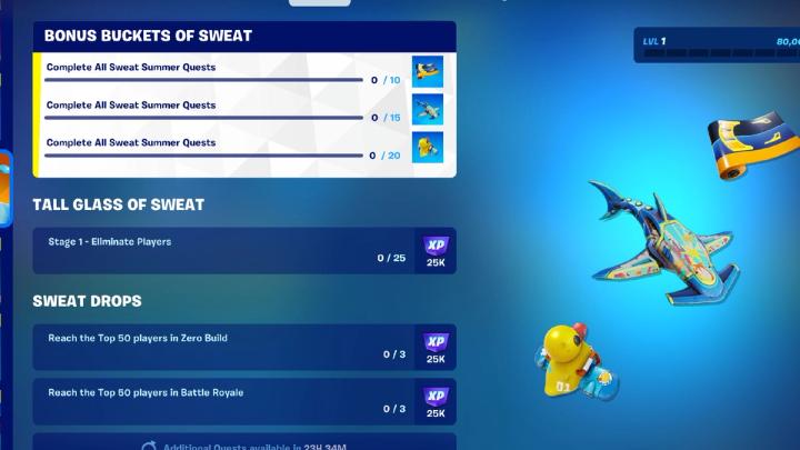 A screenshot of the Fortnite All Sweat Summer quests and rewards in-game