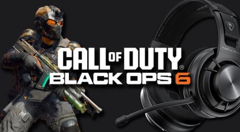 Call of Duty: Black Ops 6 logo in white with an orange "6". Behind it, a solider carrying a weapon from Black Ops 6 as well as a black over-ear Turtle Beach headset.