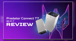 A white mesh Wi-FI router in front of a purple background and Acer Predator branding, plus Acer Predator branding text to the side.