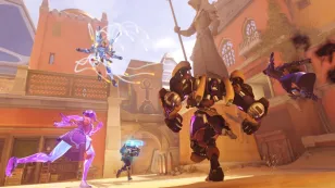 Pharah using her ult against other heroes in the Throne of Anubis Overwatch 2 map