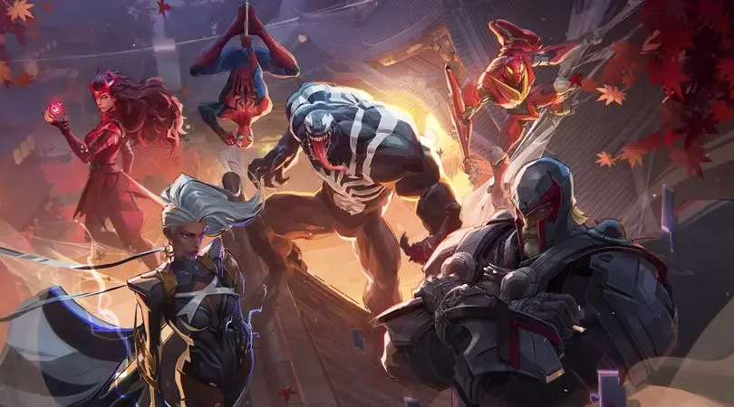 venom standing on a wood roof with magneto, storm, scarlet witch, and spider-man from marvel rivals