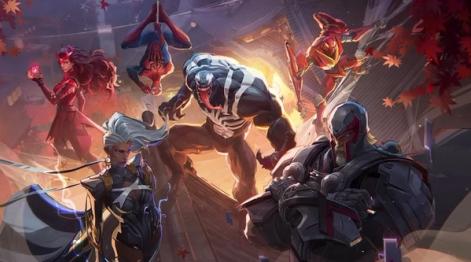 venom standing on a wood roof with magneto, storm, scarlet witch, and spider-man from marvel rivals