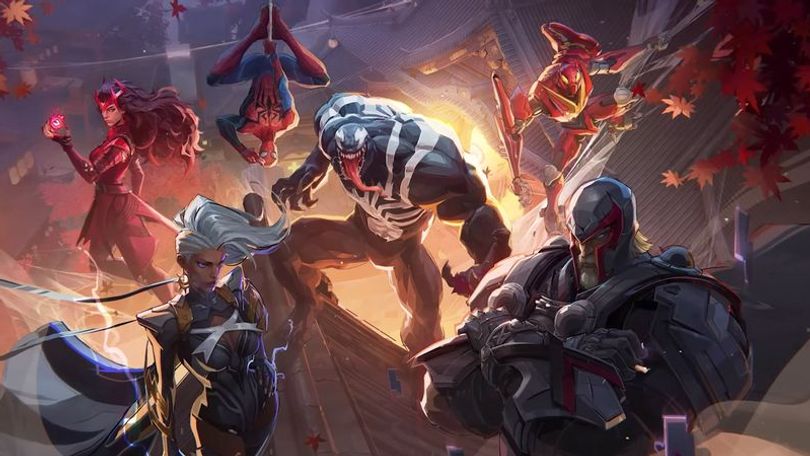 venom standing on a wood roof with magneto, storm, scarlet witch, and spider-man from marvel rivals