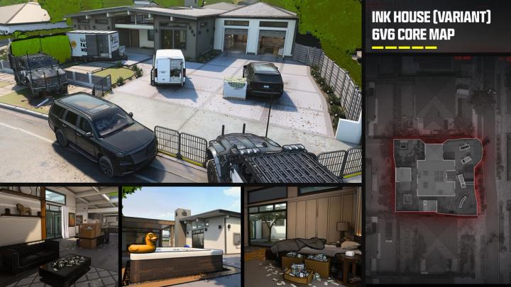 four screenshots and the minimap for ink house, a new map for mw3