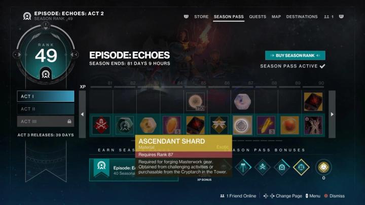 A screenshot of the Episode: Echoes Destiny 2 season pass rewards.